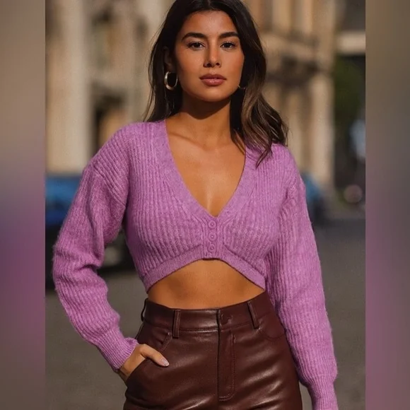 NWOT Cardigan: For Love & Lemons Emery Lavender Purple Cozy CropCardigan (L) - Picture 2 of 5